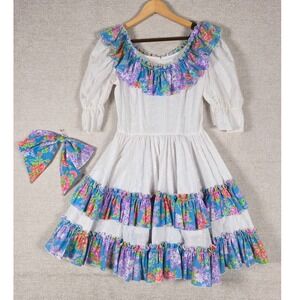 Call It Fancy Vintage Square Dance Dress White Eyelet Floral Ruffle Blue 8 USA